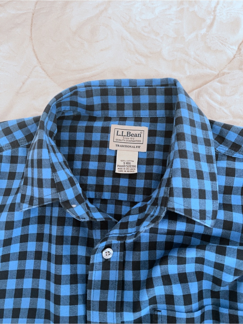 L.L. Bean Men's Blue and Black Buffalo Check Point Collar Shirt
